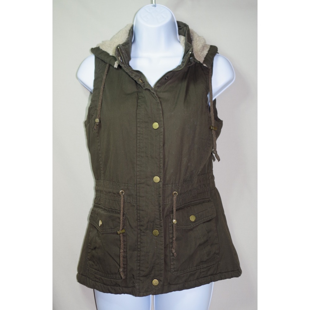Snobbish Collection Woman Small Olive Green Utility Vest Faux Fur Lined Hooded